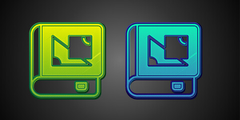 Green and blue Book about geometry icon isolated on black background. Vector