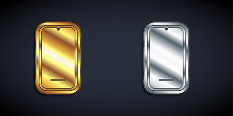 Gold and silver Smartphone, mobile phone icon isolated on black background. Long shadow style. Vector