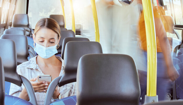 Covid, Phone And Woman Bus Mask For Travel Protection From Sickness In Pandemic Health Crisis. Global Virus And Girl Passenger Public Commute Safety For Infection And Illness Prevention.