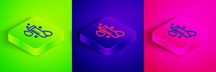 Isometric line Test tube with water drop icon isolated on green, blue and pink background. Square button. Vector