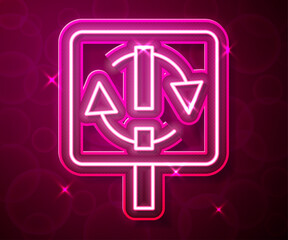 Glowing neon line Recycle symbol icon isolated on red background. Circular arrow icon. Environment recyclable go green. Vector