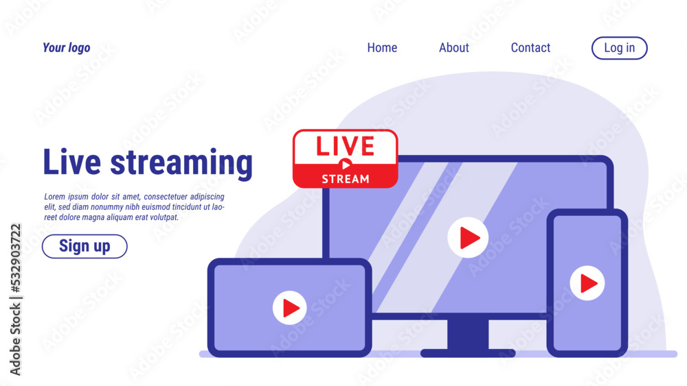 Poster live stream video internet landing page. movie creator. commercial media. camera record. influencers