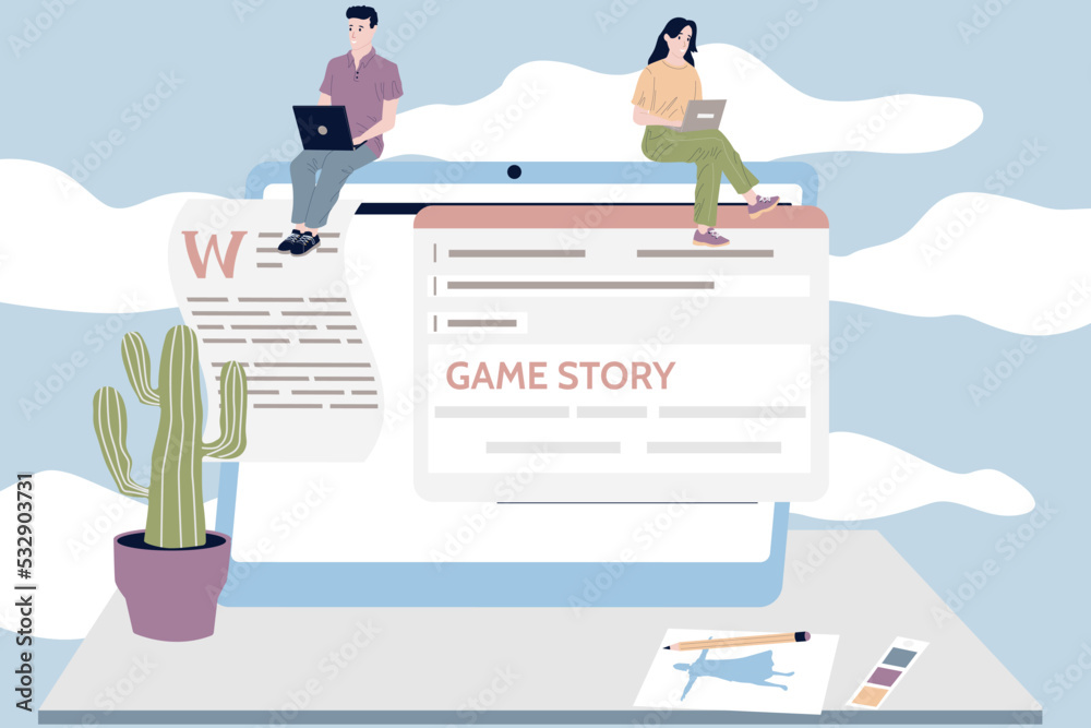 Poster Game development. People programming gaming script. Freelance occupation. Man and woman sitting with laptops. Huge computer and working table. Programmers write story. Vector concept