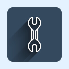 White line Wrench spanner icon isolated with long shadow background. Spanner repair tool. Service tool symbol. Blue square button. Vector