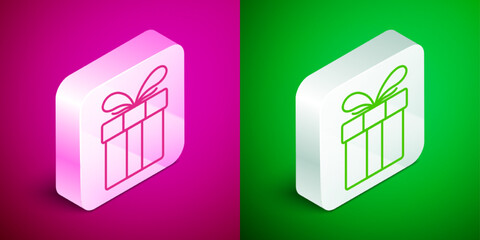 Isometric line Gift box icon isolated on pink and green background. Merry Christmas and Happy New Year. Silver square button. Vector