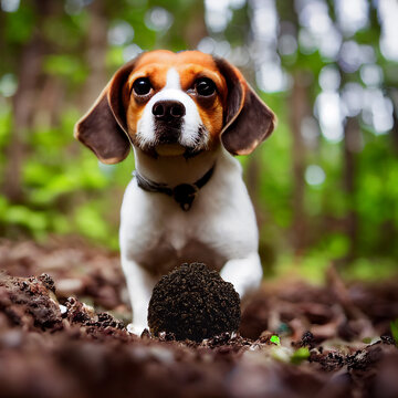 Black truffles and beagle at the background.