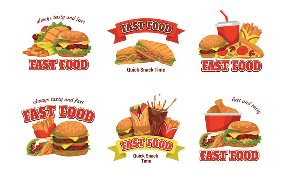 Fast food logo. Chef cook. Kitchen recipe. Typography for bakery. Bar label or snacks menu. Meal market badge. Hamburger and fries potato. Cola glass and pizza. Vector graphic emblems set