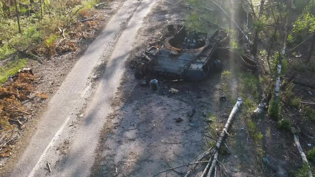 War in Ukraine, Remains of Destroyed and burned by Ukrainian army,  russian battle tank of the Russian invaders after counteroffensive