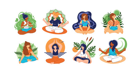 Meditate women set. Cute characters in zen, tranquility lifestyle. Happy girls in meditation asana, leaves and flowers. Wellness and yoga in lotus pose. Vector cartoon flat set