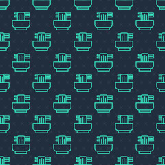 Green line Asian noodles in bowl and chopsticks icon isolated seamless pattern on blue background. Street fast food. Korean, Japanese, Chinese food. Vector