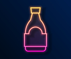 Glowing neon line Soy sauce bottle icon isolated on black background. Vector