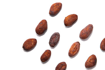 cocoa seed or cacao beans isolated on white background.