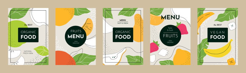 Organic healthy food posters. Nature menu background, brochure or flyer, banner template for vegetable restaurant, vegan fruits. Tropical discount offer, card or coupon. Vector design