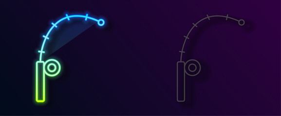 Glowing neon line Fishing rod icon isolated on black background. Catch a big fish. Fishing equipment and fish farming topics. Vector