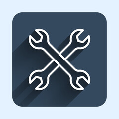 White line Wrench spanner icon isolated with long shadow background. Spanner repair tool. Service tool symbol. Blue square button. Vector
