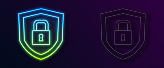 Glowing neon line Shield security with lock icon isolated on black background. Protection, safety, password security. Firewall access privacy sign. Vector