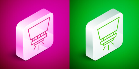 Isometric line Fire sprinkler system icon isolated on pink and green background. Sprinkler, fire extinguisher solid icon. Silver square button. Vector - obrazy, fototapety, plakaty