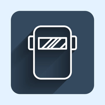 recommend clip art: White line Protective welding mask helmet icon isolated with long shadow background. Protective clothing and tool worker. Blue square button. Vector
