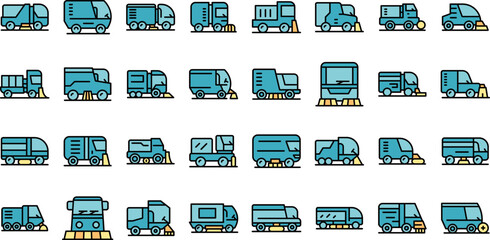 Sweeper icons set outline vector. Street truck. Machine broom thin line color flat on white