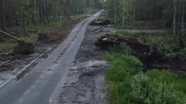 War in Ukraine, Remains of Destroyed and burned by Ukrainian army,  russian battle tank of the Russian invaders after counteroffensive
