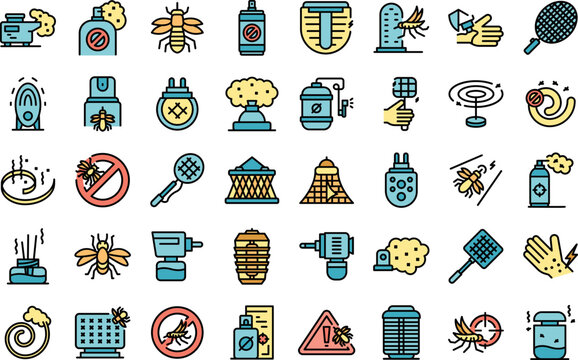 Mosquito protective icons set outline vector. Aerosol bite. Insect repellent thin line color flat on white