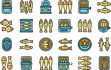Sardine icons set outline vector. Can fish. Oil fish snack thin line color flat on white - obrazy, fototapety, plakaty