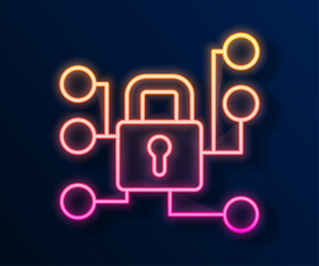Glowing neon line Cyber security icon isolated on black background. Closed padlock on digital circuit board. Safety concept. Digital data protection. Vector