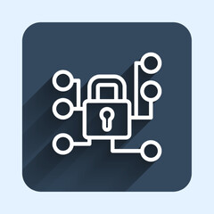 White line Cyber security icon isolated with long shadow background. Closed padlock on digital circuit board. Safety concept. Digital data protection. Blue square button. Vector