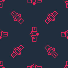 Red line Wrist watch icon isolated seamless pattern on black background. Wristwatch icon. Vector