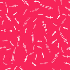 Obraz premium White line Traditional Japanese katana icon isolated seamless pattern on red background. Japanese sword. Vector