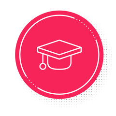 White line Graduation cap icon isolated on white background. Graduation hat with tassel icon. Red circle button. Vector