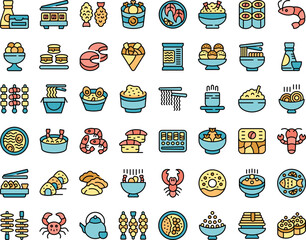 Japanese food icons set outline vector. Japan tempura. Asia mochi thin line color flat on white