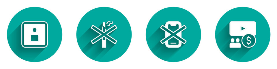 Set Play Video, No smoking, cell phone and Cinema auditorium with screen icon with long shadow. Vector
