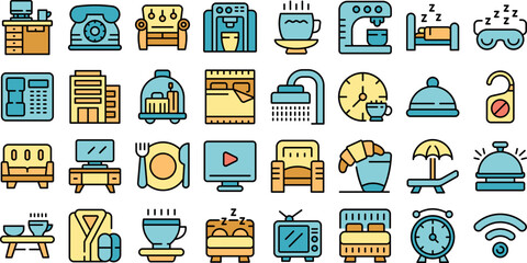 Coffee in bed icons set outline vector. Morning night. Relax breakfast thin line color flat on white