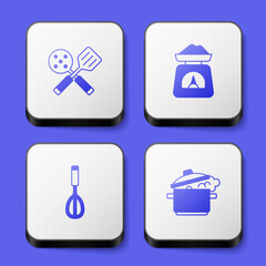 Set Spatula, Scales, Kitchen whisk and Cooking pot icon. White square button. Vector