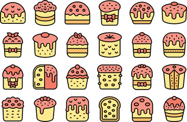 Panettone icons set outline vector. Bake bread. Food bakery thin line color flat on white