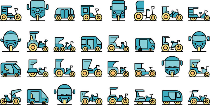Trishaw icons set outline vector. Pedicab bicycle. Bike indian thin line color flat on white