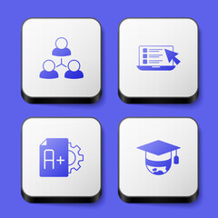 Set Online class, quiz, test, survey, Exam sheet with A plus grade and Graduation cap on globe icon. White square button. Vector