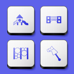 Set Slide playground, Playground kids bridge, climbing equipment and Toy horse icon. White square button. Vector