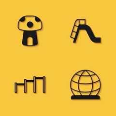 Set Mushroom house, Playground climbing equipment, Sport horizontal bar and Slide playground icon with long shadow. Vector