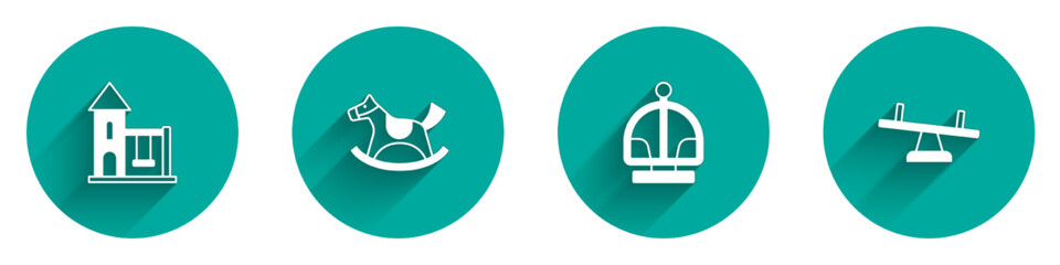 Set Swing for kids, Horse saddle swing, Attraction carousel and Seesaw icon with long shadow. Vector