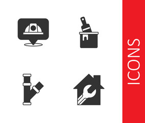 Set House with wrench spanner, Worker safety helmet, Industry metallic pipe and Paint bucket brush icon. Vector