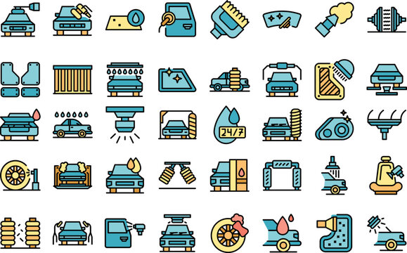 Automated car wash icons set outline vector. Car auto. Vehicle transport thin line color flat on white