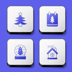 Set Christmas tree, day calendar, snow globe and Merry house icon. White square button. Vector