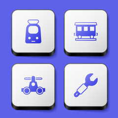 Fototapeta premium Set Train and railway, Passenger train cars, Handcar transportation and Wrench spanner icon. White square button. Vector