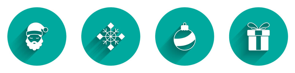 Set Santa Claus hat and beard, Snowflake, Christmas ball and Gift box icon with long shadow. Vector