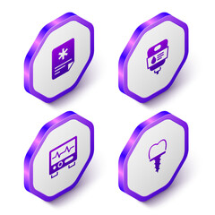 Set Isometric Patient record, IV bag, Monitor with cardiogram and Dental implant icon. Purple hexagon button. Vector