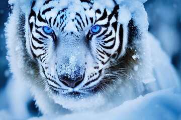 A close-up 3D rendering of a white tiger head in a snow-covered forest and winter landscape.