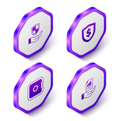 Set Isometric Shield in hand, with dollar, Safe and Contract icon. Purple hexagon button. Vector