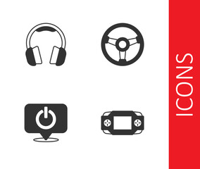 Set Portable video game console, Headphones, Power button and Racing simulator icon. Vector